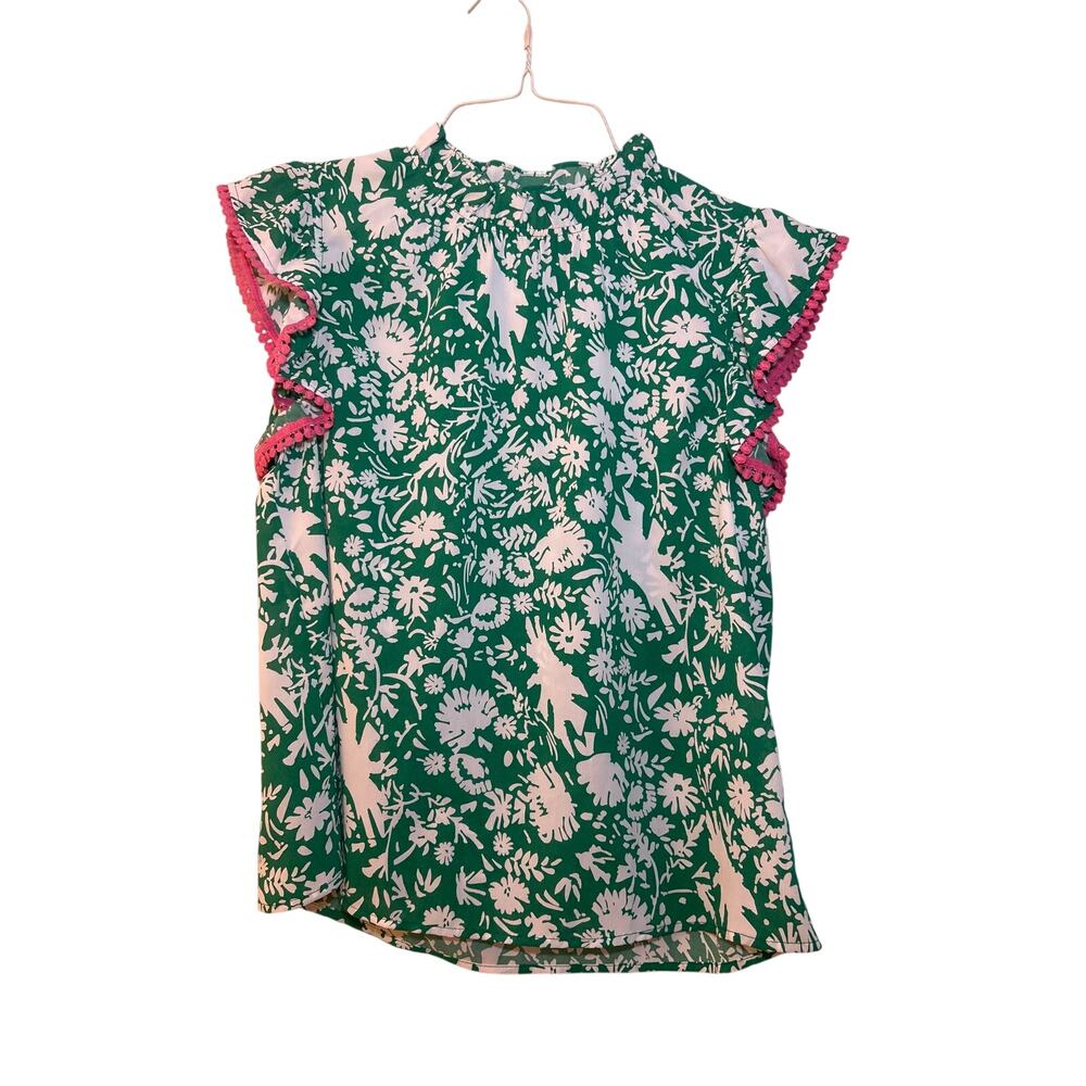 THML Green Pink Floral Ruffle Flutter Sleeve Blouse Top Size Medium